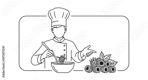 Chef Preparing Berries in Bowl with Spoon, Fresh Raspberries Nearby