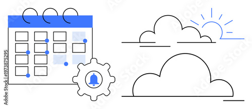Time management, cloud storage, scheduling, productivity tools, reminder customization, event tracking. Calendar interface with settings gear and cloud icons. Time management and scheduling concept
