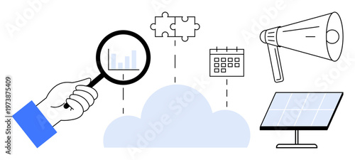 Cloud computing, business analytics, renewable energy, problem-solving, scheduling, digital marketing concepts. Visual includes magnifying glass, puzzle calendar megaphone and solar panel. Focus