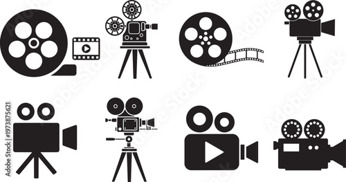 Film Cameras and Reels: An artistic collection of vintage film cameras and reels, an ode to the golden age of cinema. png
