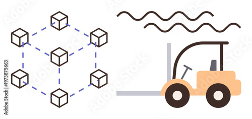 Blockchain technology, logistics, supply chain management, inventory tracking, automation, digitalization. Network of connected blocks and a forklift. Blockchain and logistics