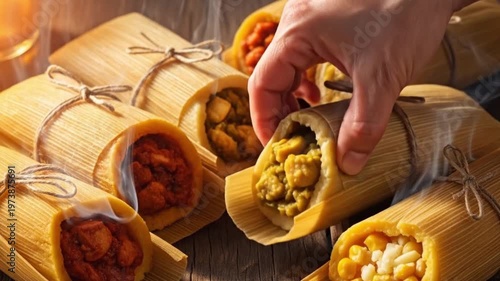 Delicious Tamales Wrapped in Corn Husks on a Rustic Wooden Table