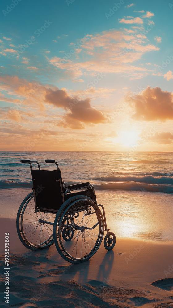 Fototapeta premium A deeply emotional scene of an empty wheelchair facing the ocean, symbolizing absence and release. Powerful for healthcare, aging, and end-of-life storytelling.
