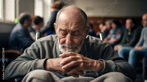 Tired elderly man sitting in refugee shelter. Aged male refugee at evacuation center. Humanitarian crisis, disaster aftermath, displaced victim, sorrow, waiting.