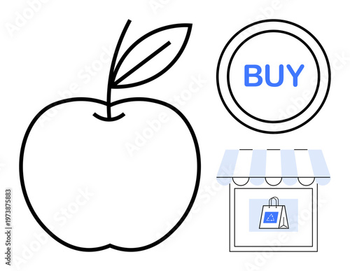 Online shopping, e-commerce, grocery delivery, digital transactions, healthy eating, market shopping. Apple outline, buy button storefront icon. E-commerce and grocery delivery concept