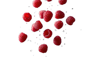 Flying red raspberries with water drops, symbolizing freshness, healthy diet, and organic superfood. Transparent background