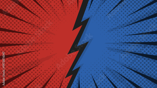 Dynamic comic book style background with red and blue split and lightning bolt