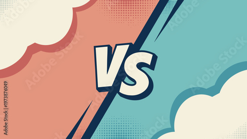Retro comic book style 'VS' graphic with contrasting colors and halftone dots