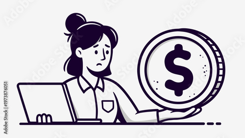 Worried woman holding a large dollar coin while working on a laptop