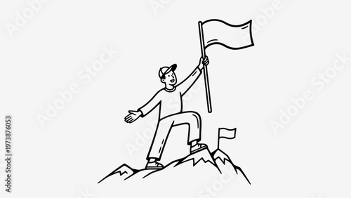 Man standing on mountain peak holding flag, celebrating achievement and success