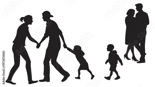 A minimalist vector graphic illustration of silhouetted family members walking together in pairs and holding hands