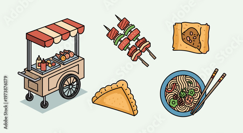 Cart with various Asian street food.