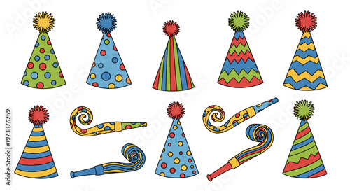 Collection of colorful party hats and noisemakers for joyful celebrations