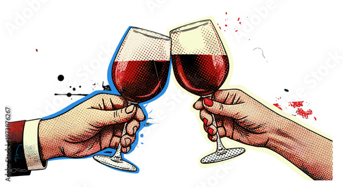 Couple's hands clinking red wine glasses in celebration toast vintage engraving