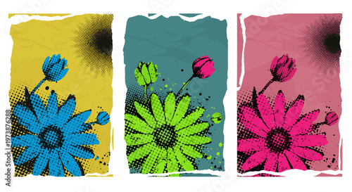 Vibrant daisy flowers triptych with halftone dots and torn paper edges