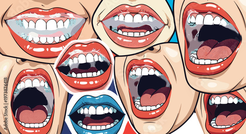 Collage of diverse mouths expressing various emotions and sounds with bright