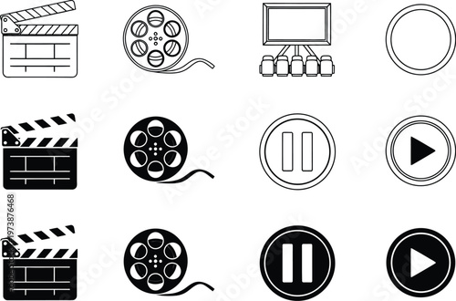 Video production icons, film and movie symbols, play pause buttons for app ui, vector