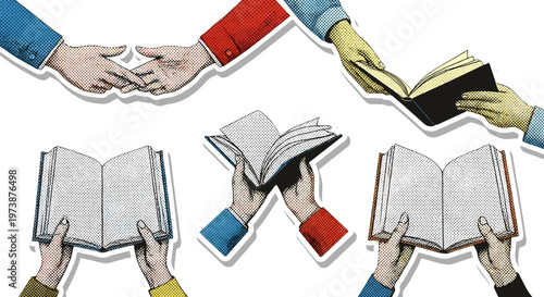Hands exchanging and holding open books symbolizing knowledge sharing education