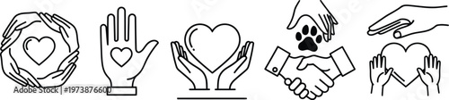 charity, love, care, and donation icons, line style vector symbols