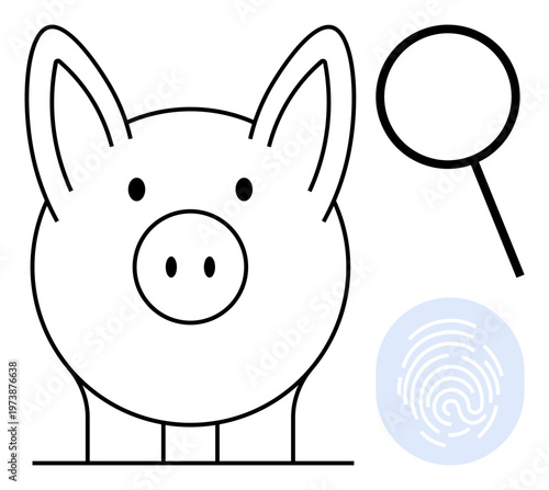 Financial planning, cybersecurity, forensic analysis, digital privacy, savings, identity verification. Piggy bank, magnifying glass fingerprint graphic. Financial planning and cybersecurity concept