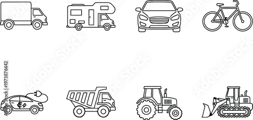 Transportation icons set including truck, car, bicycle, and tractor, vector line style