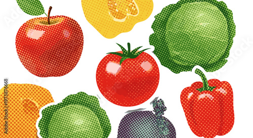 Assortment of fresh fruits and vegetables illustrated with stippling technique