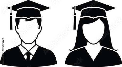 Graduation icons for education and academic purposes, black and white vector illustration