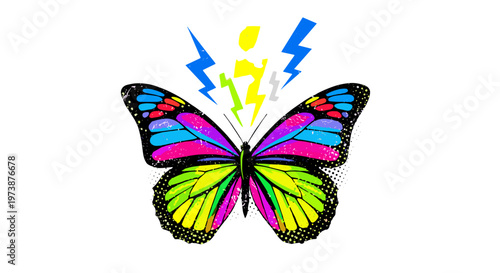 Vibrant multicolored butterfly with lightning bolts and glowing energy emanating