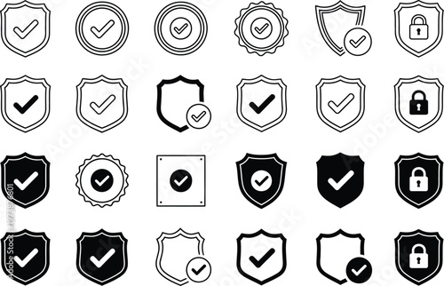 Security and guarantee icons with checkmarks and shields for website and app ui, vector symbols