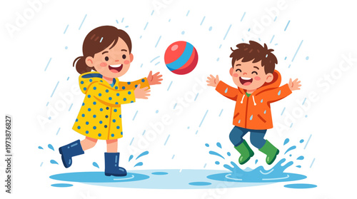 Joyful children playing in the rain, splashing happily in puddles with a colorful ball while wearing bright raincoats and boots, embodying a carefree outdoor childhood moment