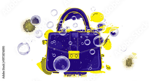Professional dark blue briefcase with golden lock surrounded by bubbles