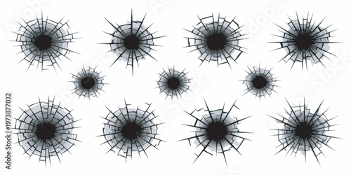 Bullet Holes Vector Set Cracked Glass Impact Marks Illustration
