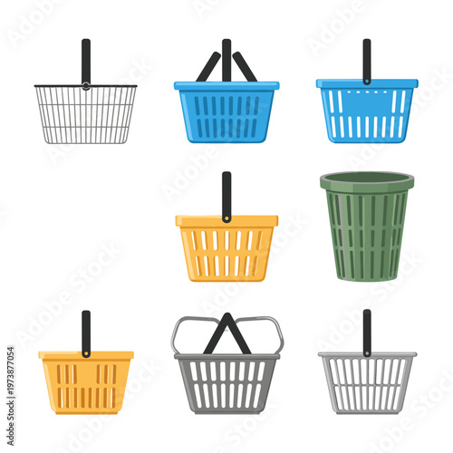 Colorful shopping baskets with handles.