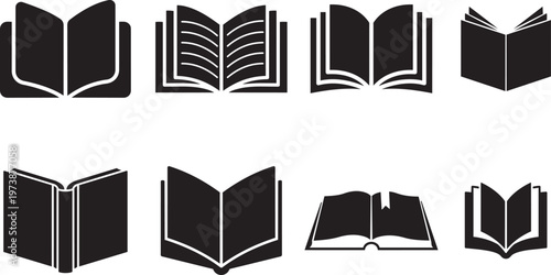 Study Material Set: A compilation of open book icons, symbolizing the realm of knowledge, learning, and storytelling. These minimalistic outlines, suitable for educational or design projects.png