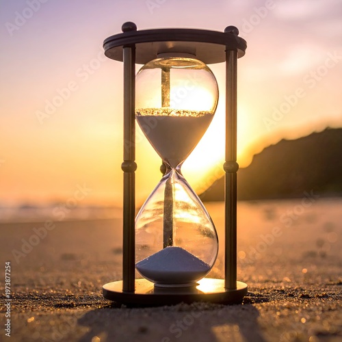 Elegant hourglass resting on sandy beach at sunset creating a sense of fleeting time and tranquility in golden light