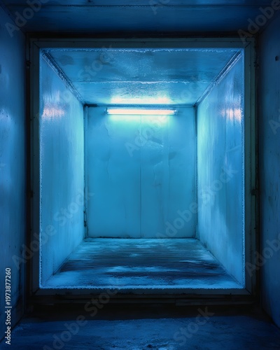 Empty Room With Blue Fluorescent Light and Water Droplets on Walls