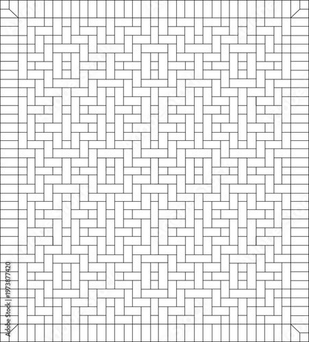Technical line drawing of a complex geometric pattern featuring interlocking rectangular blocks in a maze-like tessellation resembling parquet flooring.