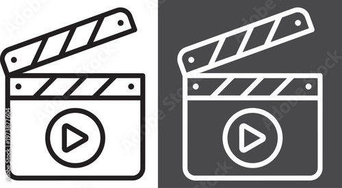Cinema Clapperboard Icon: An illustrative representation of a clapperboard, the iconic tool of filmmaking, stands as a symbol of film, video, and cinematic production. The design is simple.png