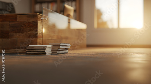 Cozy Workspace: The interior showcases a wooden desk, with stacks of paper set on the floor, all softly illuminated by the glow of sunlight. 