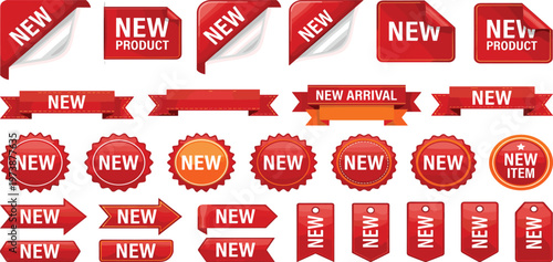 Collection of red new arrival labels, badges and stickers, perfect for product launches and promotional campaigns