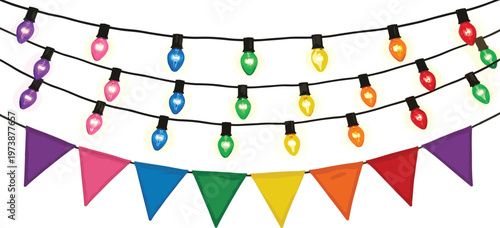 Colorful rainbow string lights and bunting flags with a festive and celebratory atmosphere