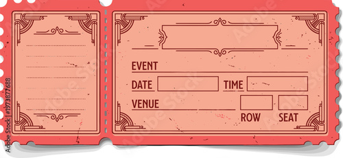 Detailed retro red event admission ticket illustration with ornate vintage border design and customizable information fields for various occasions