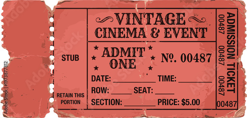 Retro vintage admission ticket for a cinema or event with placeholders for date, row, seat, and price, featuring the words 'Vintage Cinema & Event' and 'Admit One'