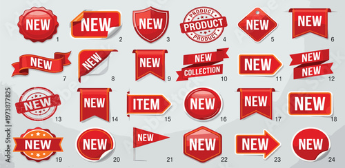 Dynamic collection of vibrant red 'NEW' labels, badges, and banners, perfect for announcing fresh products, exciting promotions, and latest arrivals in modern marketing campaigns