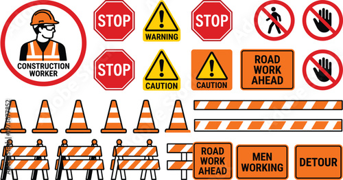 Comprehensive vector set of road safety signs, construction barriers, traffic cones, and worker symbols for hazard warnings and efficient site management illustrations