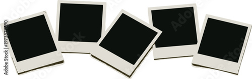 A scattered arrangement of five blank retro-style photo frames, perfect for displaying cherished memories or creative visual content