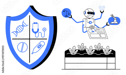 Artificial intelligence, biotechnology, automation, remote diagnostics, sustainable farming, robotics. A robot managing tasks, shield with medical icons and crop field. Artificial intelligence