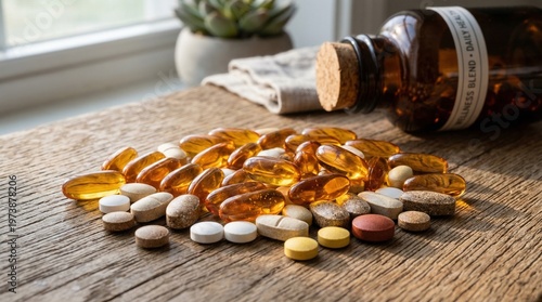 Assorted vitamins and dietary supplements spilled from a brown glass bottle on wooden surface