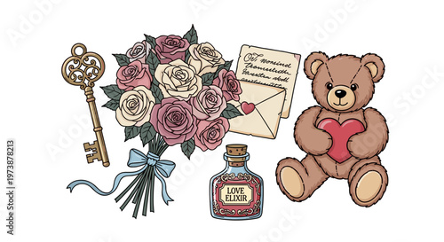 Romantic Valentine's Day elements: teddy bear, roses, love elixir, key, and letter