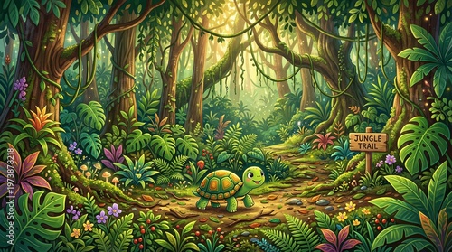 Vibrant lush jungle trail with cheerful turtle and dense tropical foliage with sunlight filtering through the canopy